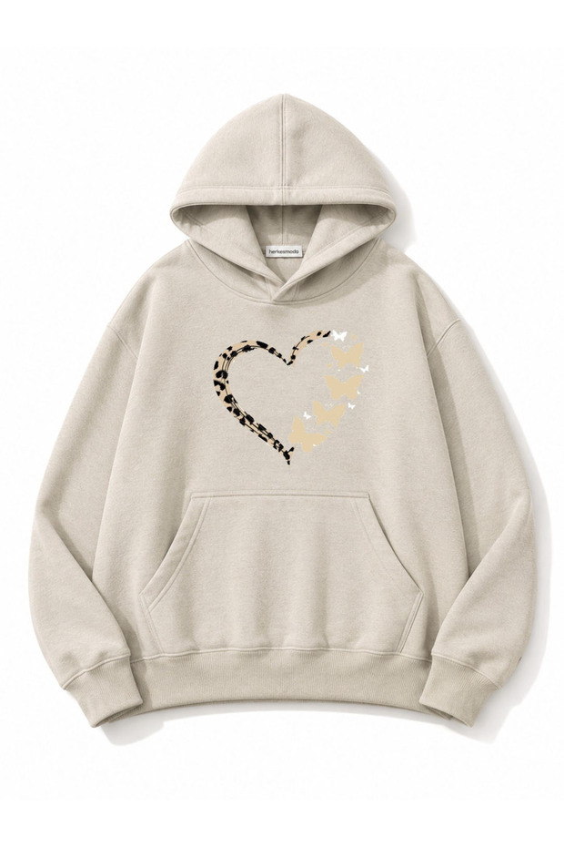 Leopard Effect Heart Printed Hooded 2 Thread Threaded Sweatshirt