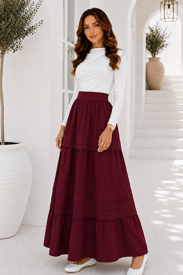 Layered Flared Skirt S2306 Burgundy