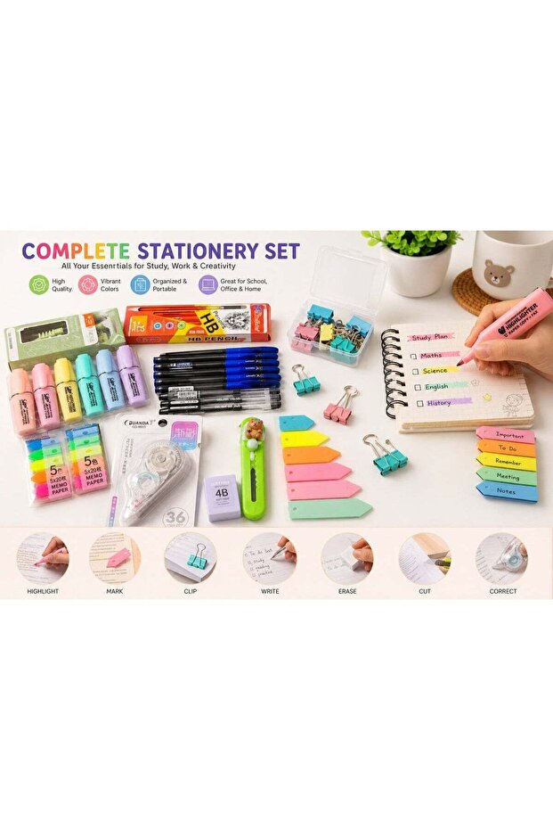 AYNI Complete School Stationery Kit – 48 PCS Student & Office Supplies Set | Highlighters, HB Pencils, Gel Pens, Sticky Notes, Correction Tape, Binder Clips, Eraser, Paper Cutter & Geometry Box