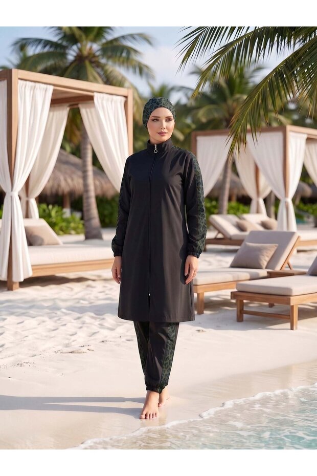 ملابس سباحة إسلامية مزينة بالليوبارد باللون الأخضر الزيتي