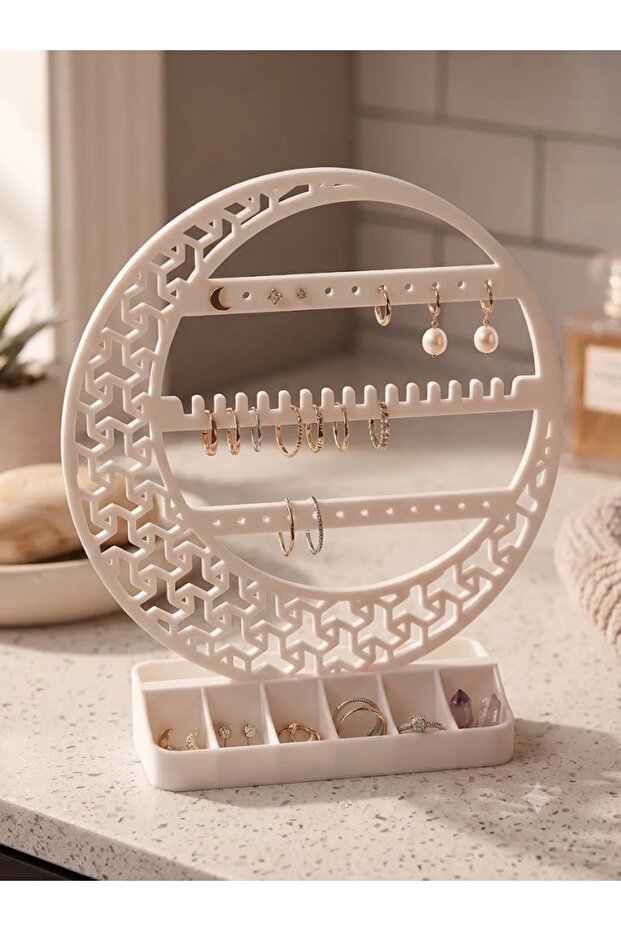 3D Printed Crescent Motif Jewelry Stand and Compartmentalized Jewelry Organizer - White