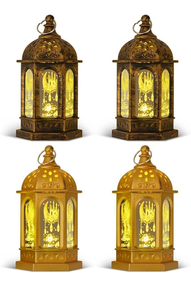فانوس رمضان، 4 قطع من الفوانيس الذهبية والبرونزية المزودة بإضاءة LED، زينة رمضان، ديكور عيد مبارك
