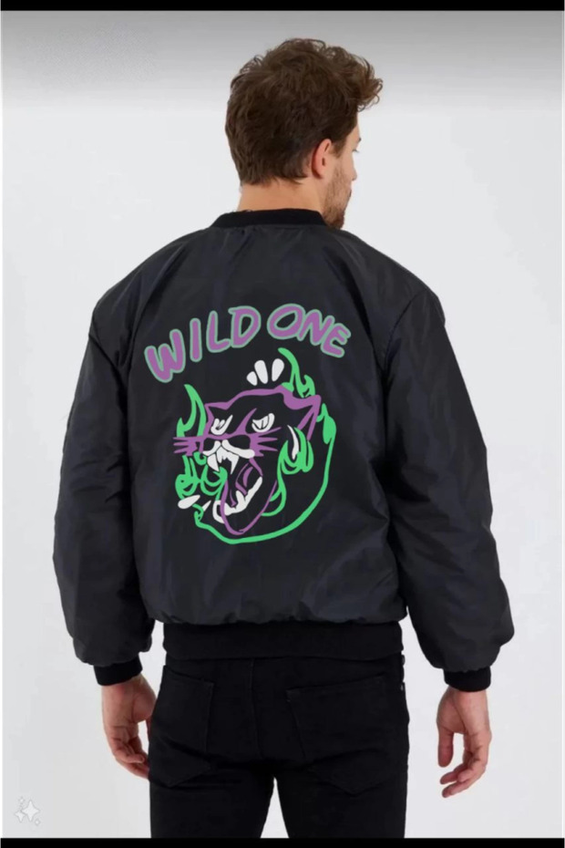 Unisex Long Sleeve Printed Bomber Jacket - Black