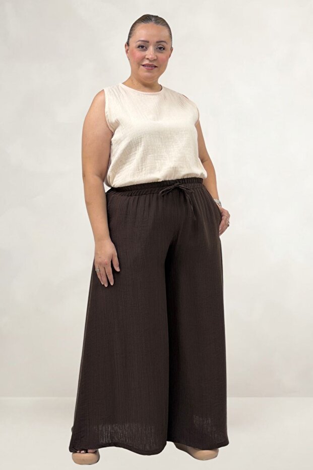 69009 Plus Size Double Tensel Trouser Skirt with Elastic Waist - Brown