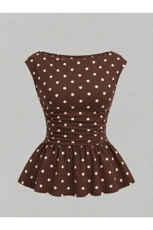 Brown Women's Polka Dot Boat Neck Ruffle Hem Blouse