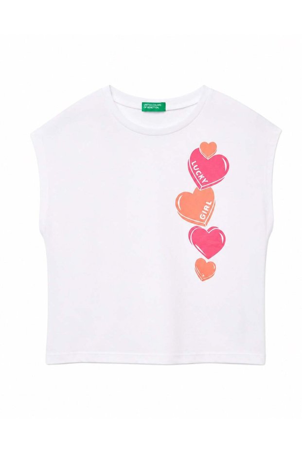 Benetton Girls' Print Detail T-Shirt White
