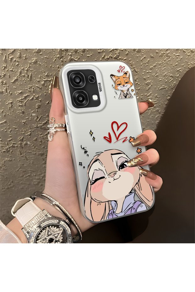 Oppo A6 Pro 4G/5G Compatible Heart-Themed Fox Rabbit Printed Case, Matching Cover for Friends and Couples