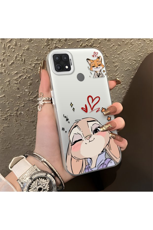 Oppo A15/A15S Compatible Heart-Themed Fox Rabbit Printed Case, Matching Cover for Friend and Couple