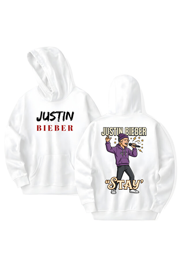 Justin Bieber Printed Cotton Long Sleeve Hooded Sweatshirt with 3 Yarns