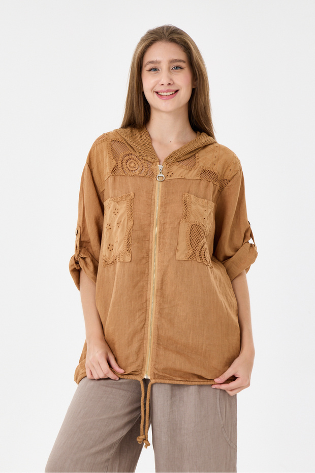 Women's Camel Italian 100% Linen Mesh Hooded Zippered Linen Jacket Size 38 - 44