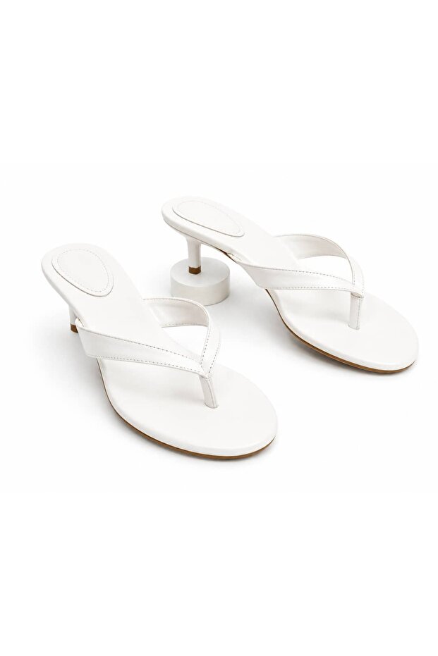 Women's White Thin Strap Low Heel Flip Flops Velaj