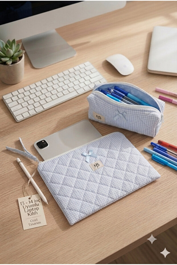 غطاء كمبيوتر محمول بتصميم بوتيكار باللون الأزرق - طقم حامل أقلام - متوافق مع مقاسات 13 بوصة و14 بوصة - قابل للغسل