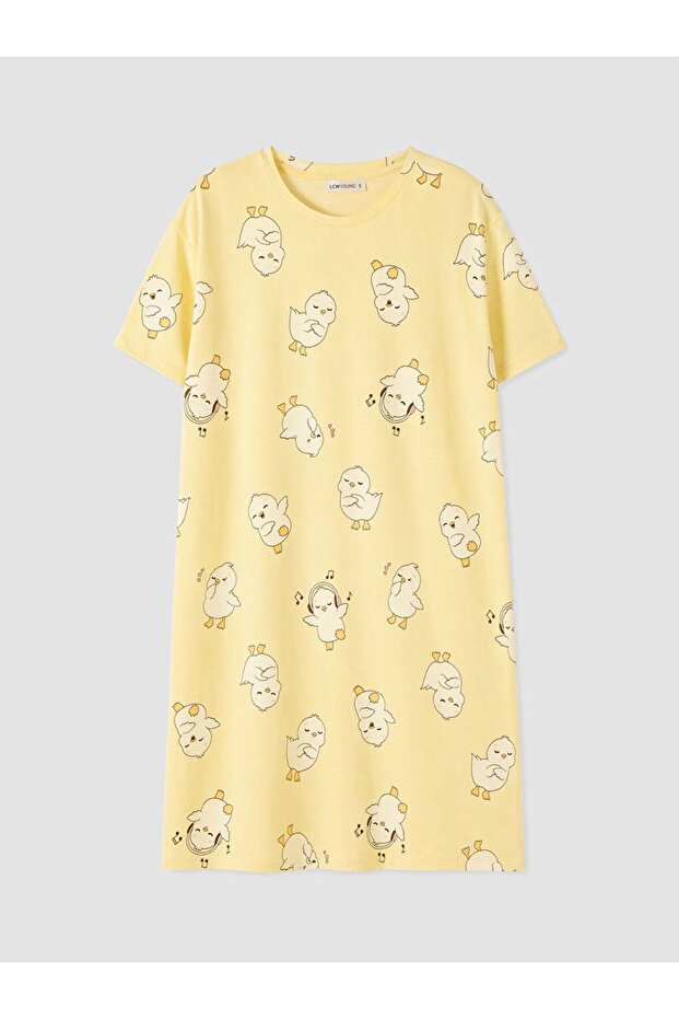 Lcw Young Yellow Crew Neck Chick Printed Women's Nightgown