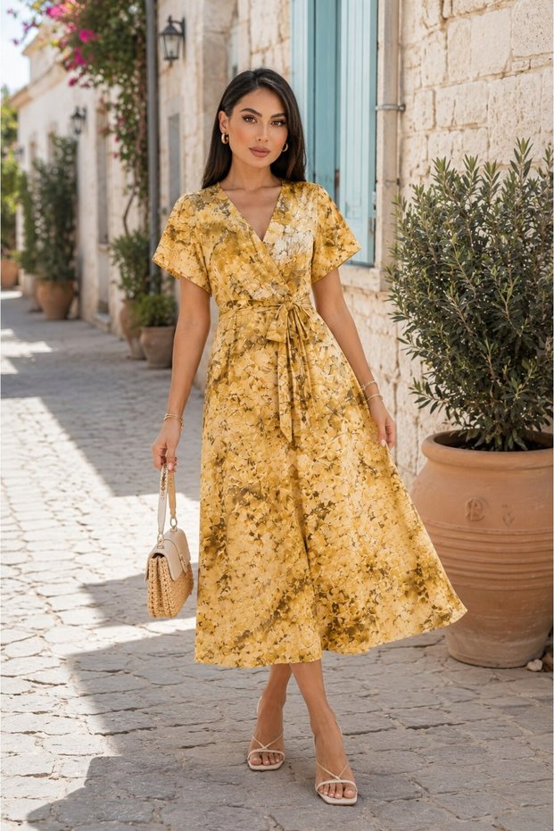 Women's Dress Long Patterned Short Sleeve Belted Double Breasted Collar Summer Viscose Dress