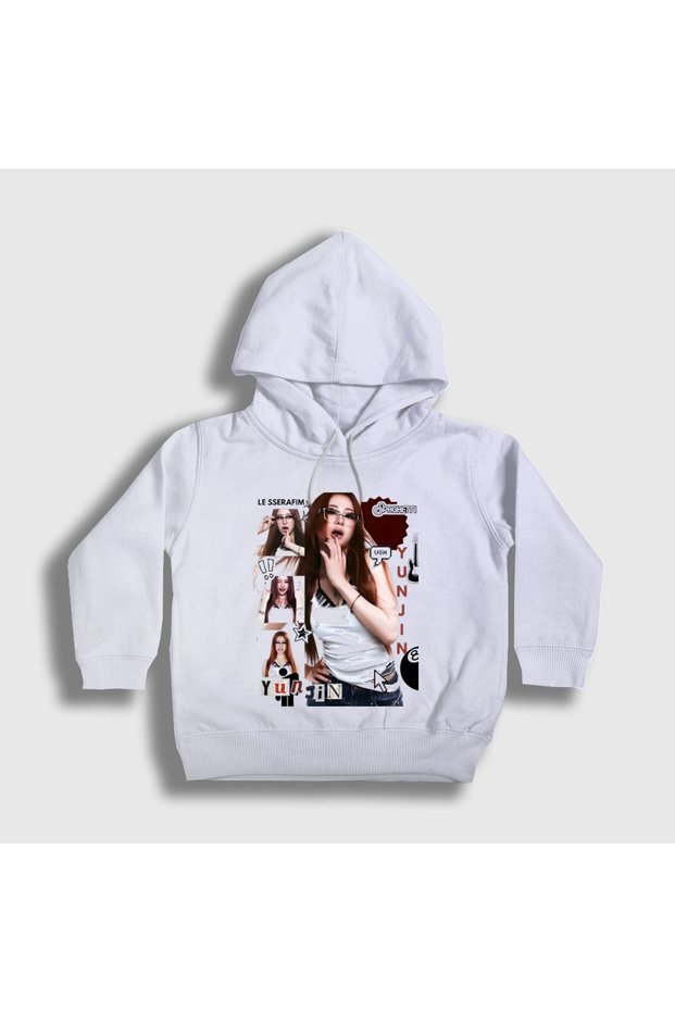 Unisex Kids White Huh Yunjin Spaghetti K-Pop Le Sserafim Hooded Sweatshirt 617171Tt