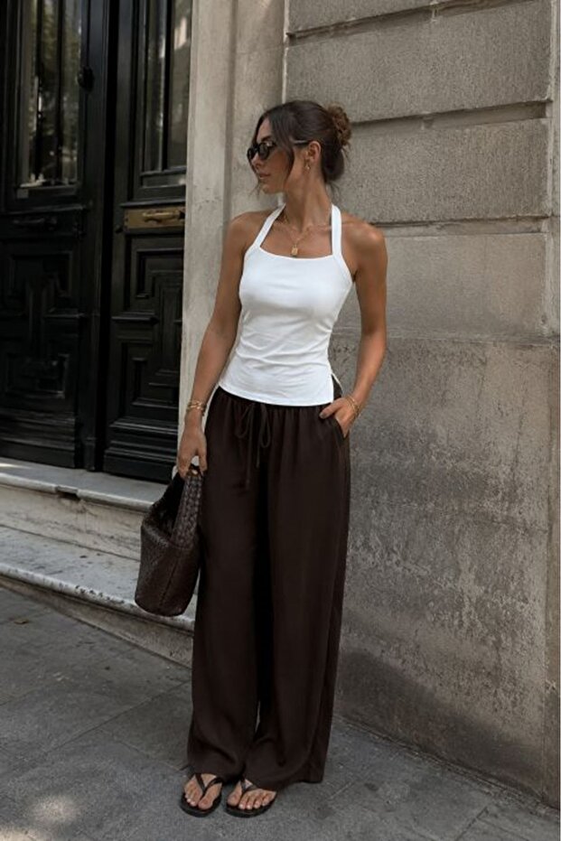 Women's White Halter Neck Square Collar Gathered Ribbed Slim Fit Blouse