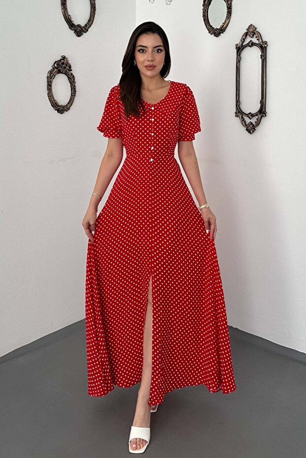 Women's Red Polka Dot V-Neck Buttoned Short Sleeve Slit Flared Maxi Dress