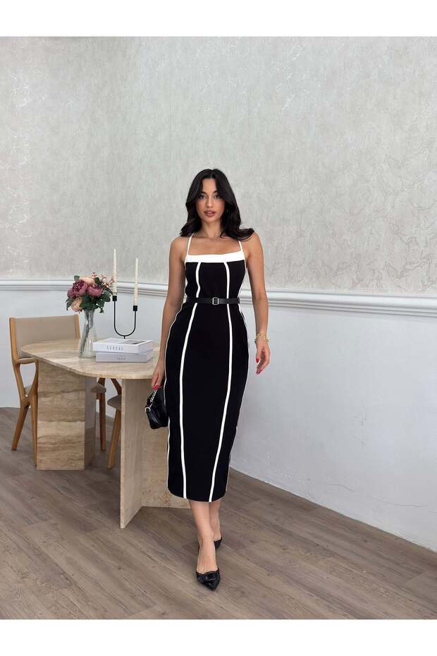 Women's White - White Strappy Square Neck Ribbed Belted Slim Fit Midi Dress