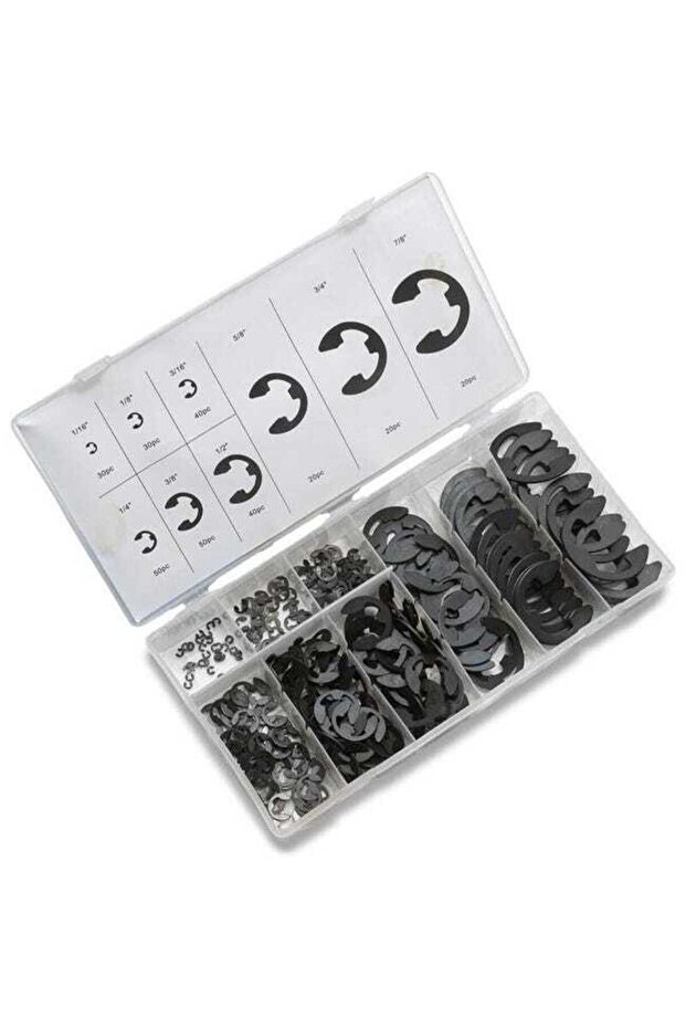 300-piece circlip kit (including washers) - 9 SAE sizes, heat-treated steel.