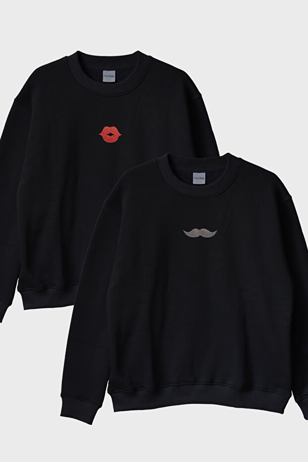 Lip and Mustache Patterned Double Combination Crew Neck Sweatshirt