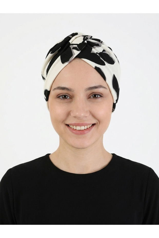 Patterned Crossed Combed Cotton Ecru-Black Ready-To-Wear Turban Hijab Pool Cap Suitable for Medical Use