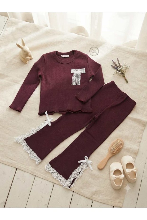 Girls' Pants with Slits, Lace Details, and Long-Sleeved Blouse Two-Piece Set for Nursery, Primary School, and Kindergarten