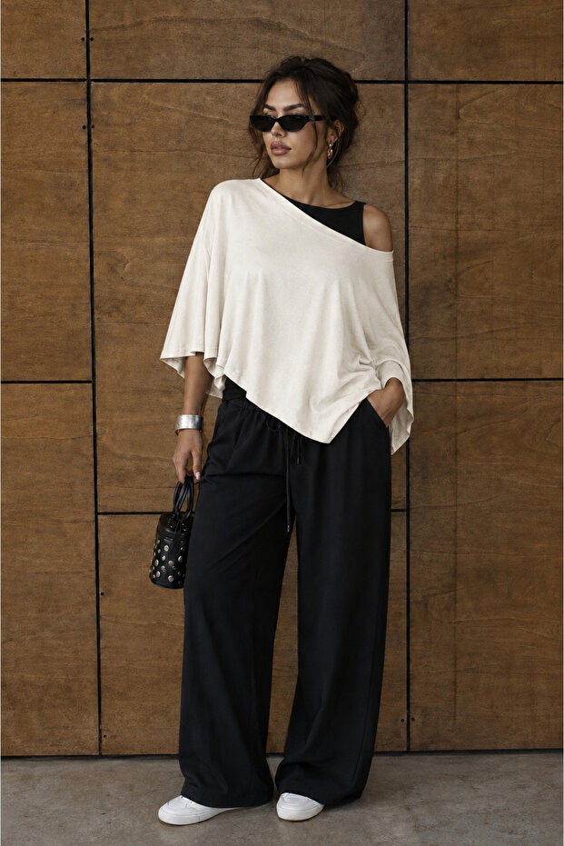 Women's Asymmetrical Cut Viscose Fabric Poncho Ecru