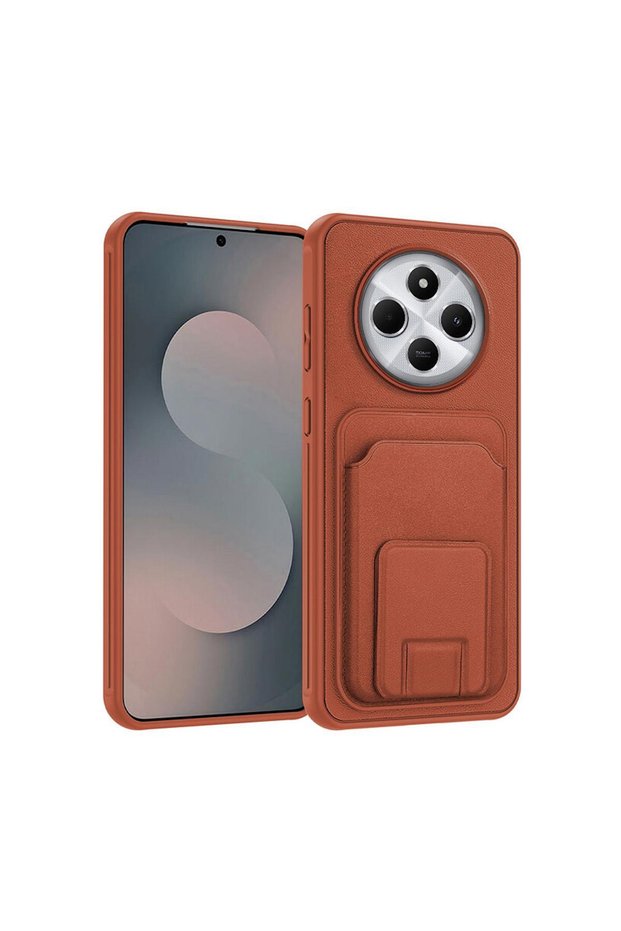 Xiaomi Redmi 14C Compatible Case with Stand and Card Holder Silicone Case Brown