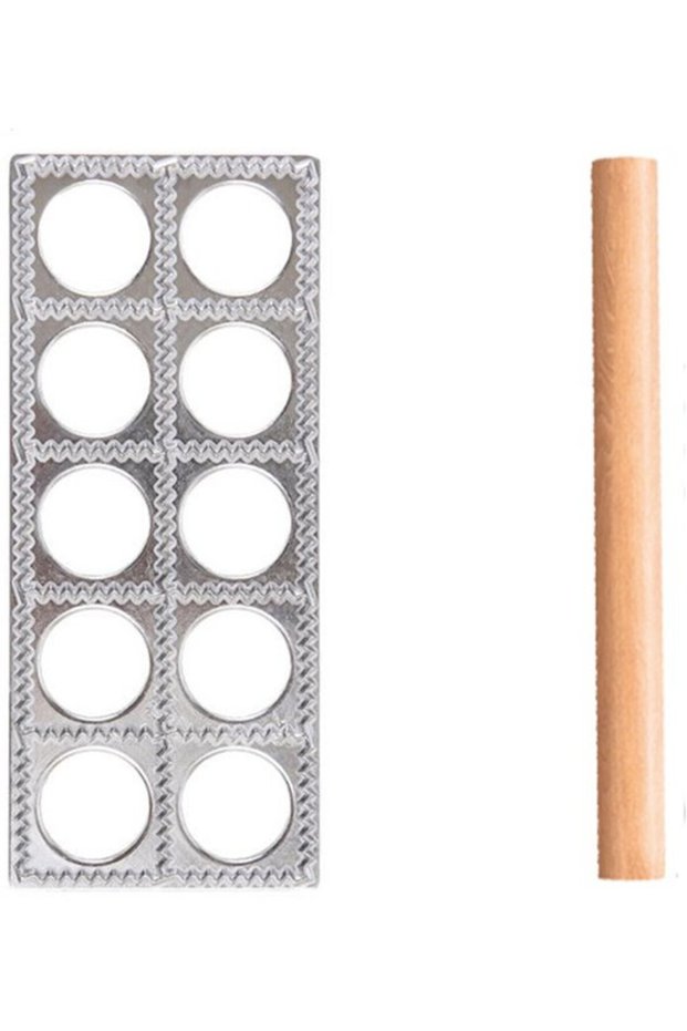 Italian ravioli mold - w/rolling pin - Kitchen utensils - metal, wood - 25.5*10.5 cm - silver, wood color - homemade dumplings - 10-hole dumpling mold