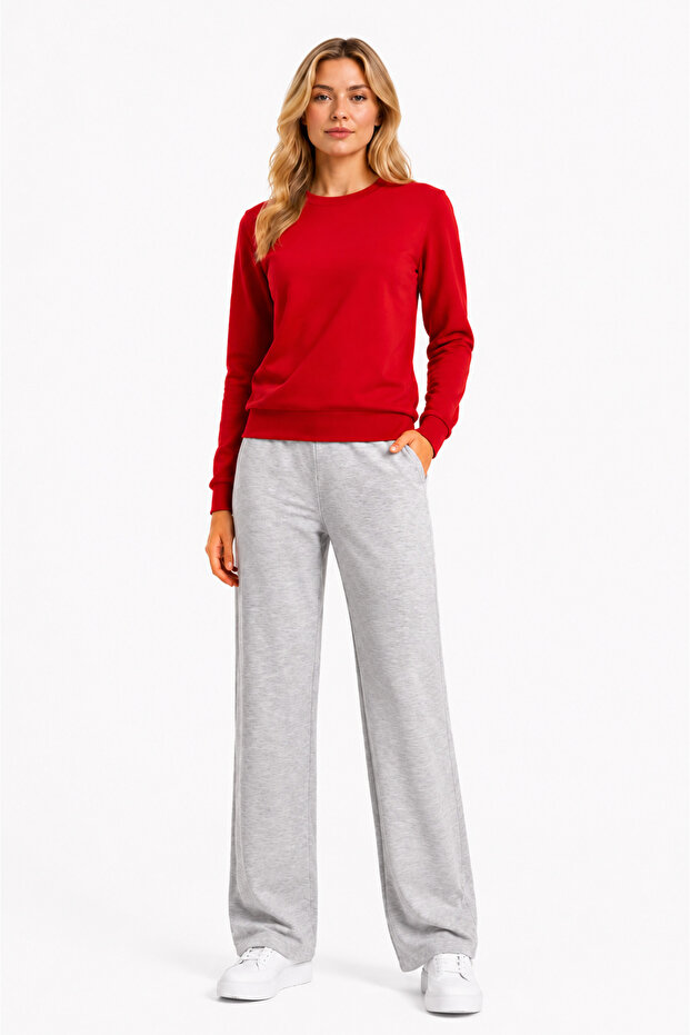 Women's Cotton Crew Neck Wide Leg Tracksuit Set Red-101