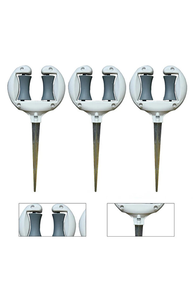 Three garden hose guides with top rollers for guiding garden hoses around plants and bushes.