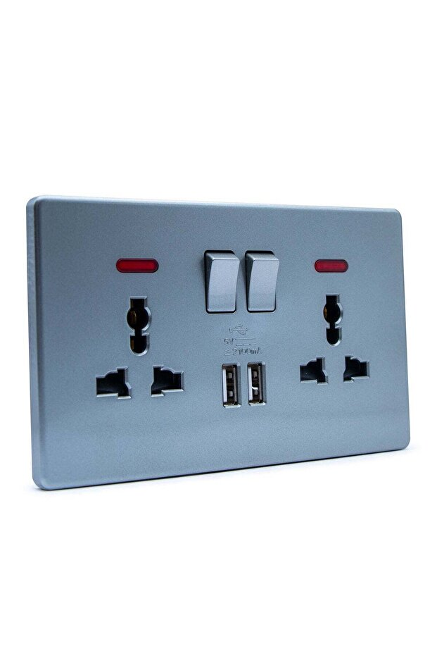 Double Wall Socket with USB Ports, 2 Switches with LED Indicators, 2100mA Charging, Grey