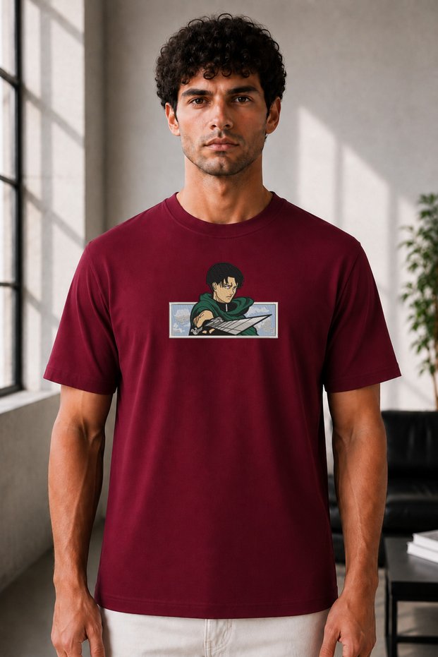Unisex Oversize Embroidered Attack on Titan Levi Ackerman Design 100% Cotton T-Shirt