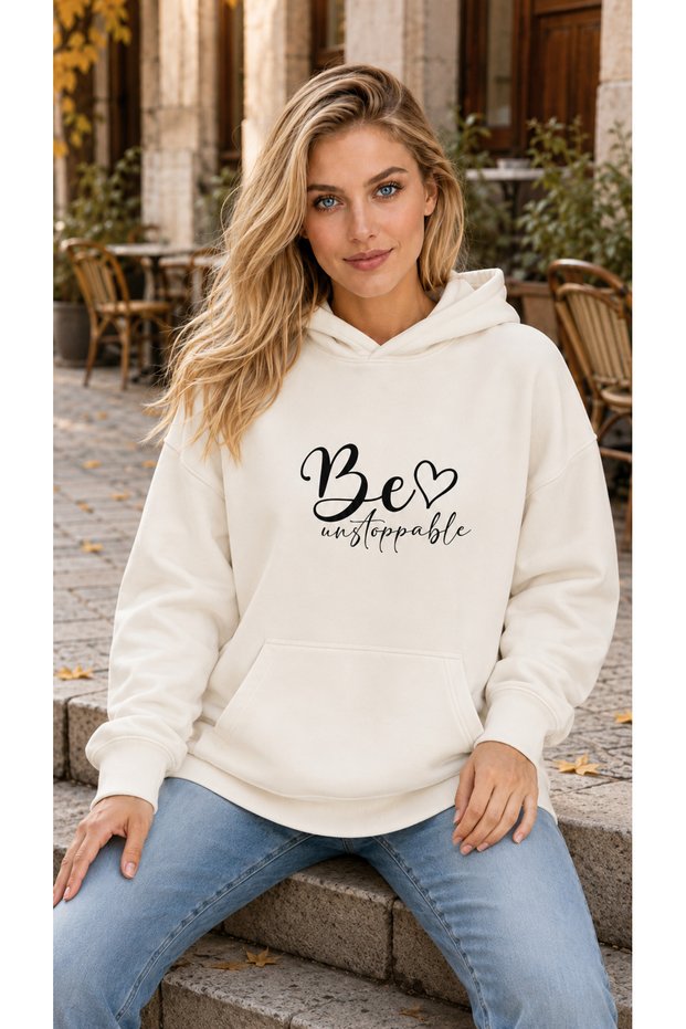 Women's Heart Detailed Be Unstoppable Written Kangaroo Pocket Hooded Sweatshirt