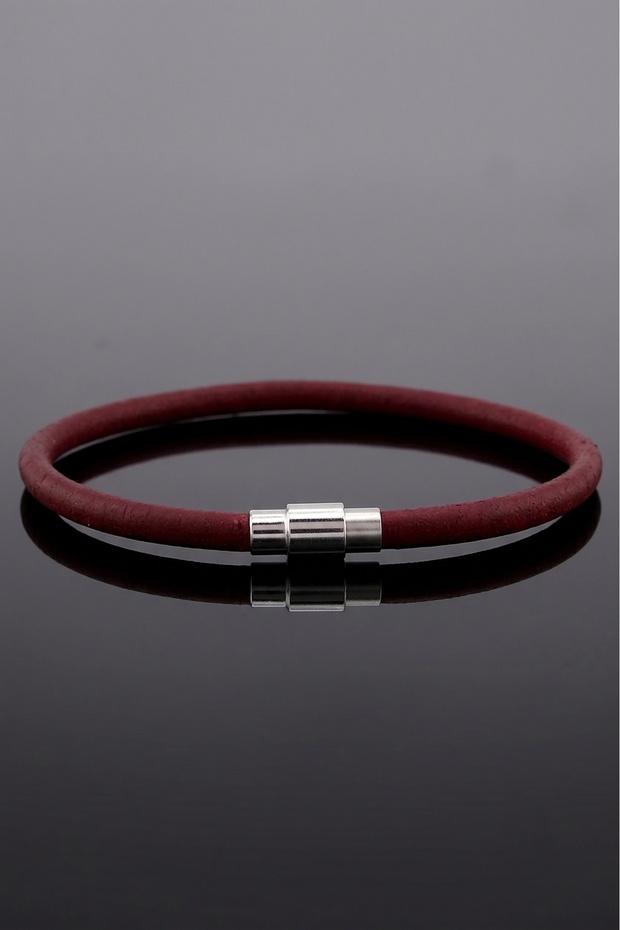 Burgundy 4mm Thin Genuine Leather Metal Magnetic Clip Men's Bracelet M067G