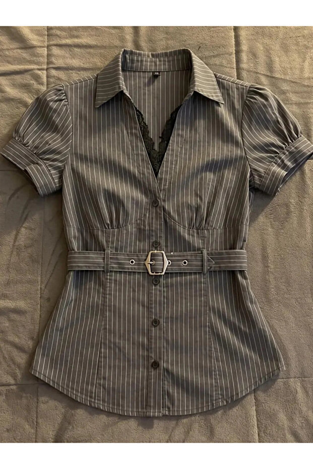 Gray Striped Belted Shirt Blouse
