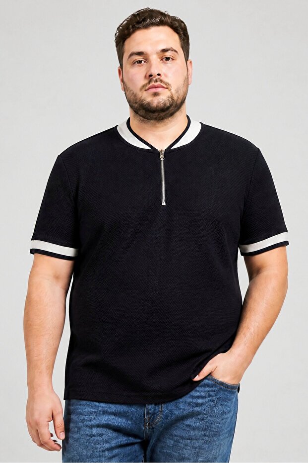 Men Regular Fit Textured Short Sleeve Polo Shirt, Navy