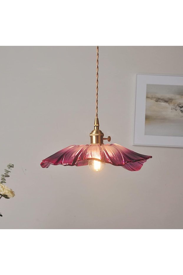 Retro LED pendant light with purple glass flowers, suitable for bars, bedrooms, homes, and interior porch lighting (bulb not included).