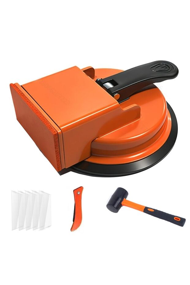 Composite flooring gap repair tool set, 8-piece fixing tool kit - includes strong suction cup, caulking knife and rubber mallet.