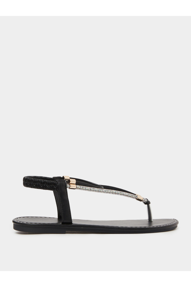 Black Embellished Flat Thong Sandals