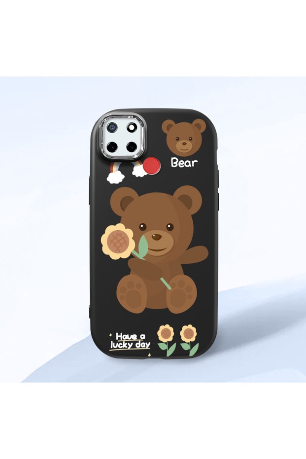 Realme C25 Compatible Case Camera Protector Black Silicone Couple Phone Case with Bear Pattern