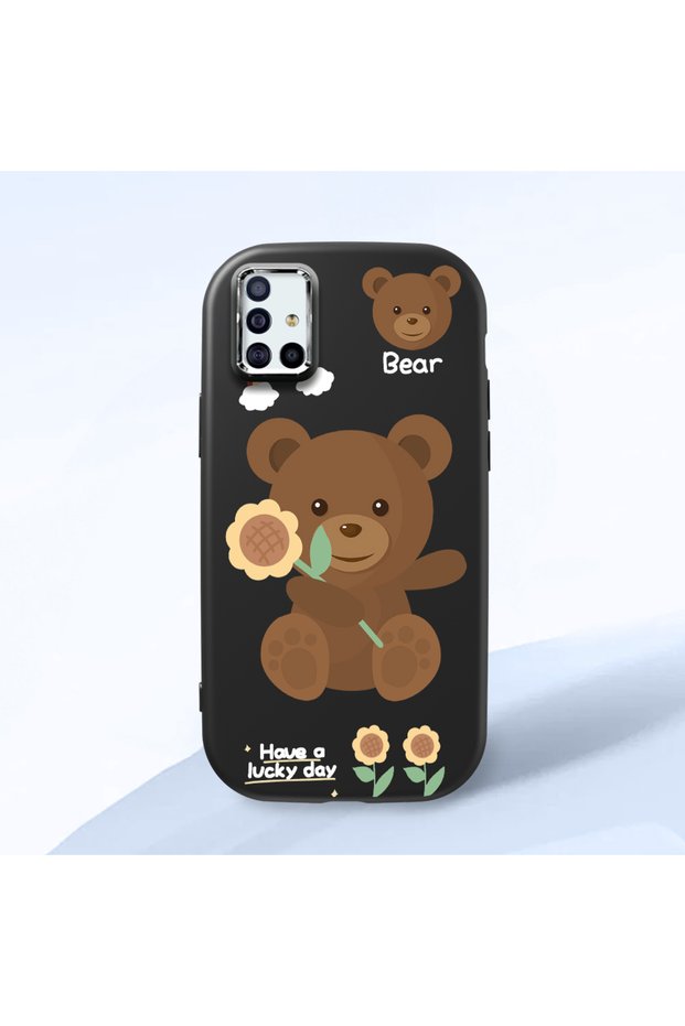 Samsung Galaxy A51 Compatible Case Camera Protector Black Silicone Couple Phone Case Bear Patterned