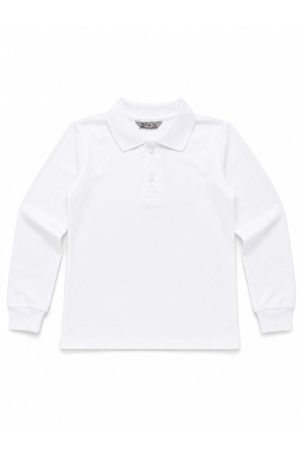 Unisex White Long Sleeve School Polo Collar 100% Cotton Children's School T-Shirt