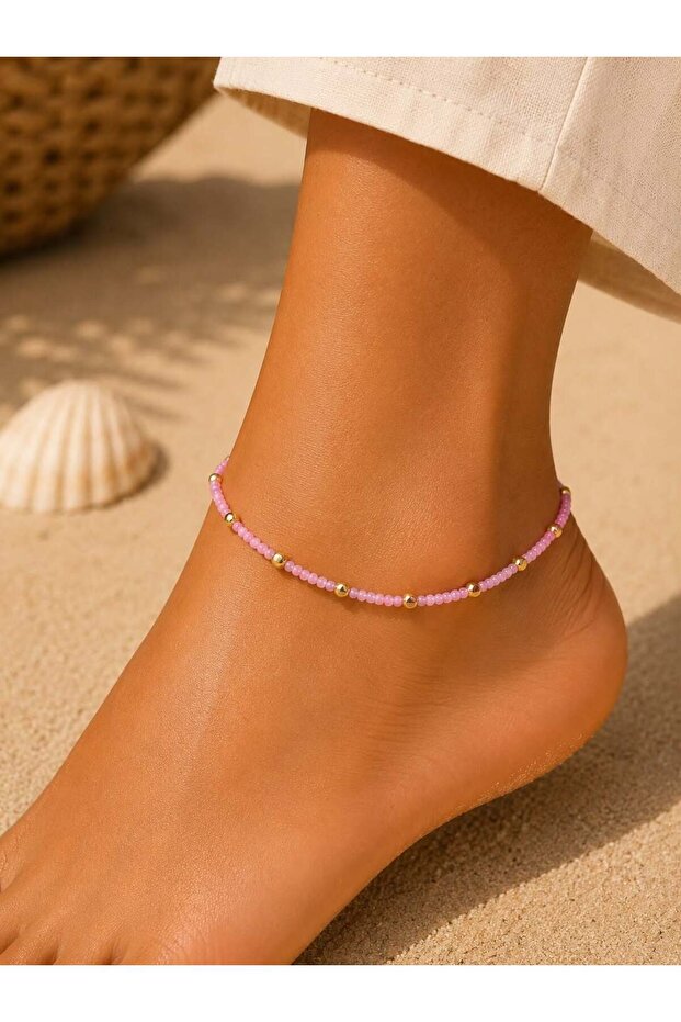 Pink Beaded Detailed Gold Anklet