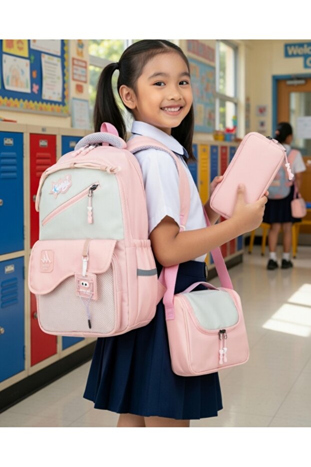 A+ Quality Girls Primary School Pink Orthopedic 3-Piece Set with Pen Holder, Foil-Lined Lunch Bag, 3 Compartments 517