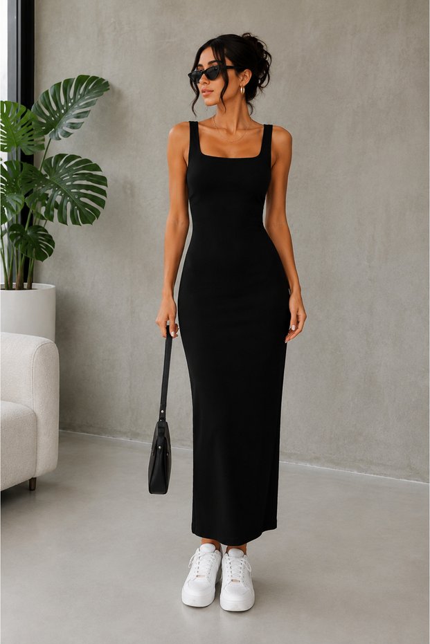 Ribbed Square Neck Maxi Dress Offering a Fit Look