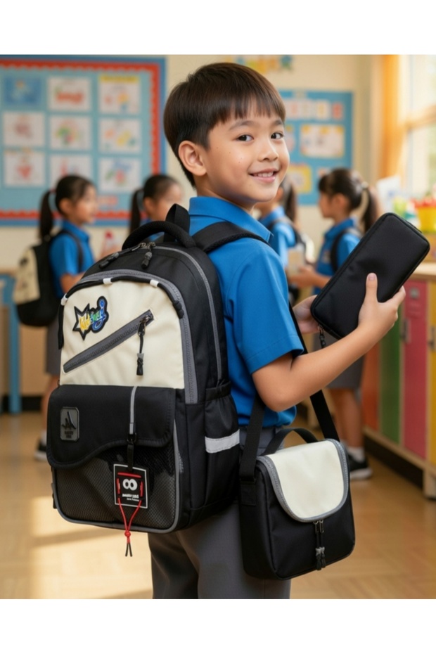 A+ Premium Quality Men's Black Primary School Orthopedic 3-Piece Set with Pen Holder, Foil-Lined Lunch Bag, 4 Compartments 513
