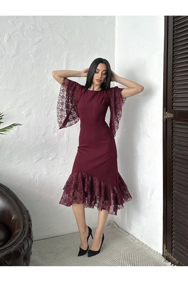 Women's Burgundy - Bordo Maxi Length Lace Detailed Flounce Skirt Short Sleeve Dress