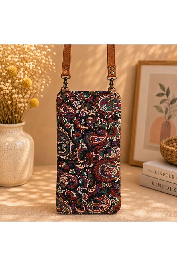 Cnt-6011 Tan Navy Blue Paisley Patterned Tapestry Phone Bag | Eos Collective