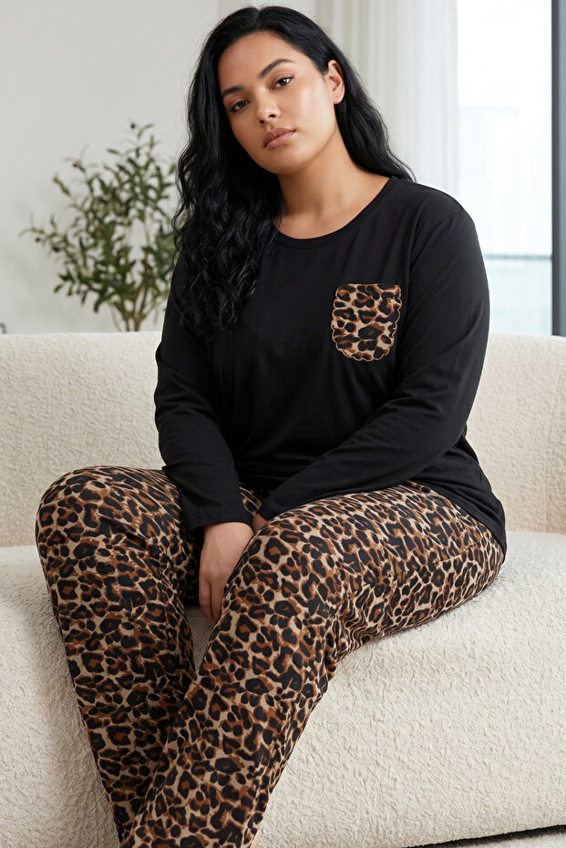 Leopard Patterned Embroidered Cotton Lycra Large Size Oversized Knitted Pajama Set26240915